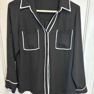 Express Portofino Shirt Womens Large Black White Roll Tab Long Sleeve Button Up